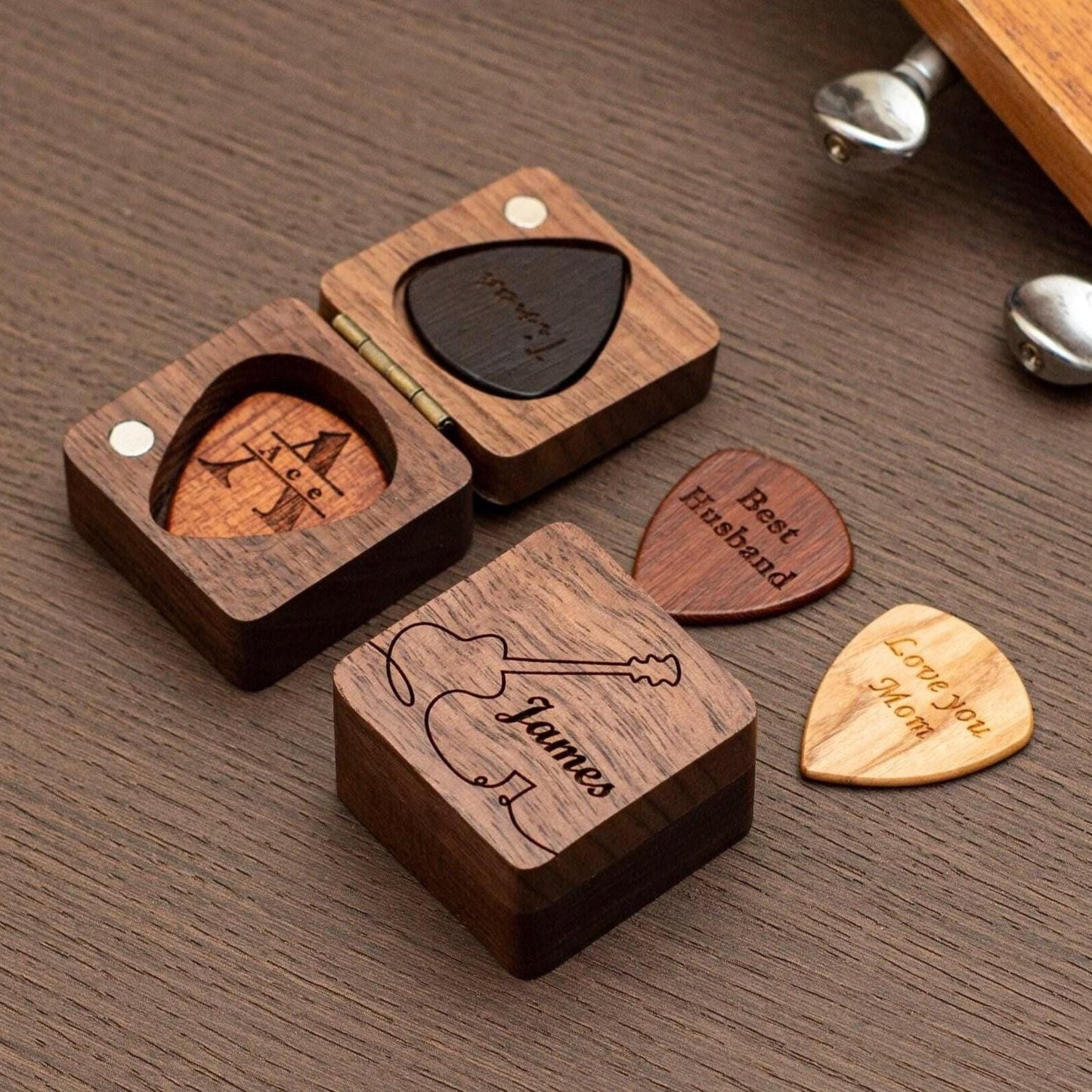 Personalized Walnut Wooden Guitar Pick Case: Engraved Plectrum Holder