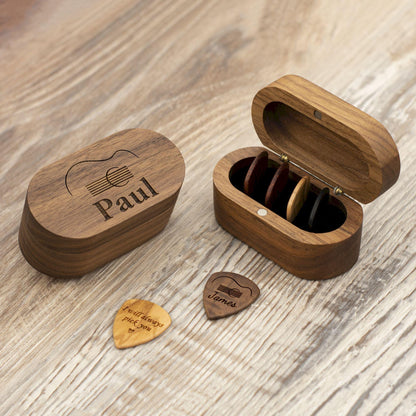 Personalized Wooden Guitar Pick Case, Engraved Plectrum Holder, Musician Gift