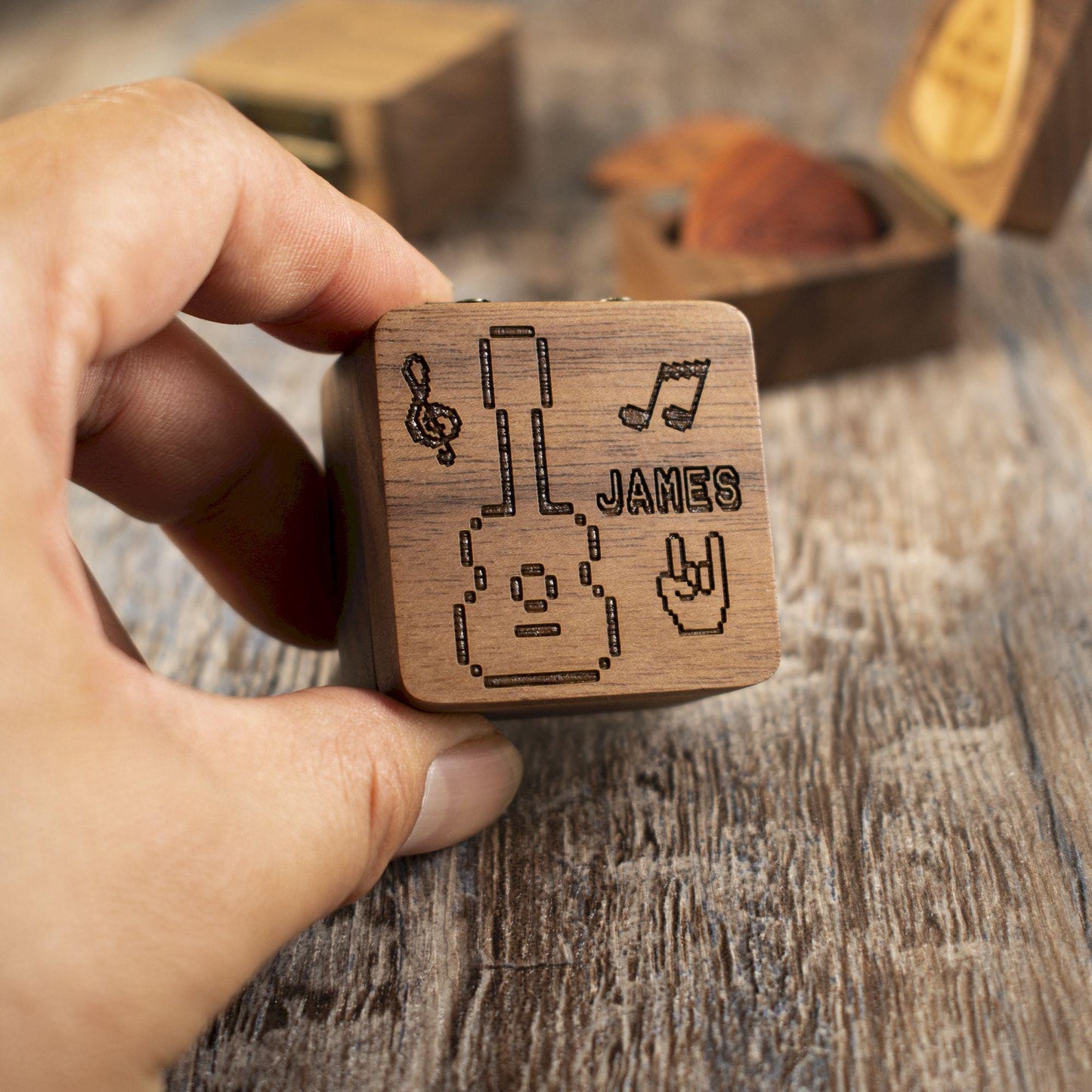 Personalized Pixel Art Guitar Pick Case: Engraved Walnut Wood Plectrum Box