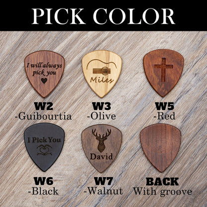 Personalized Wooden Guitar Pick Box: Engraved Plectrum Case, Musician Gift