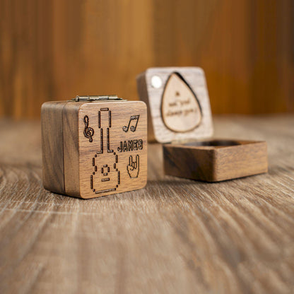 Personalized Pixel Art Guitar Pick Case: Engraved Walnut Wood Plectrum Box