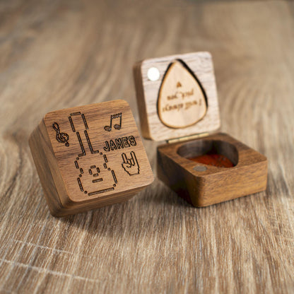 Personalized Pixel Art Guitar Pick Case: Engraved Walnut Wood Plectrum Box