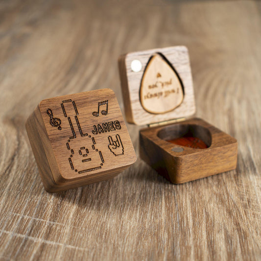 Personalized Pixel Art Guitar Pick Case: Engraved Walnut Wood Plectrum Box