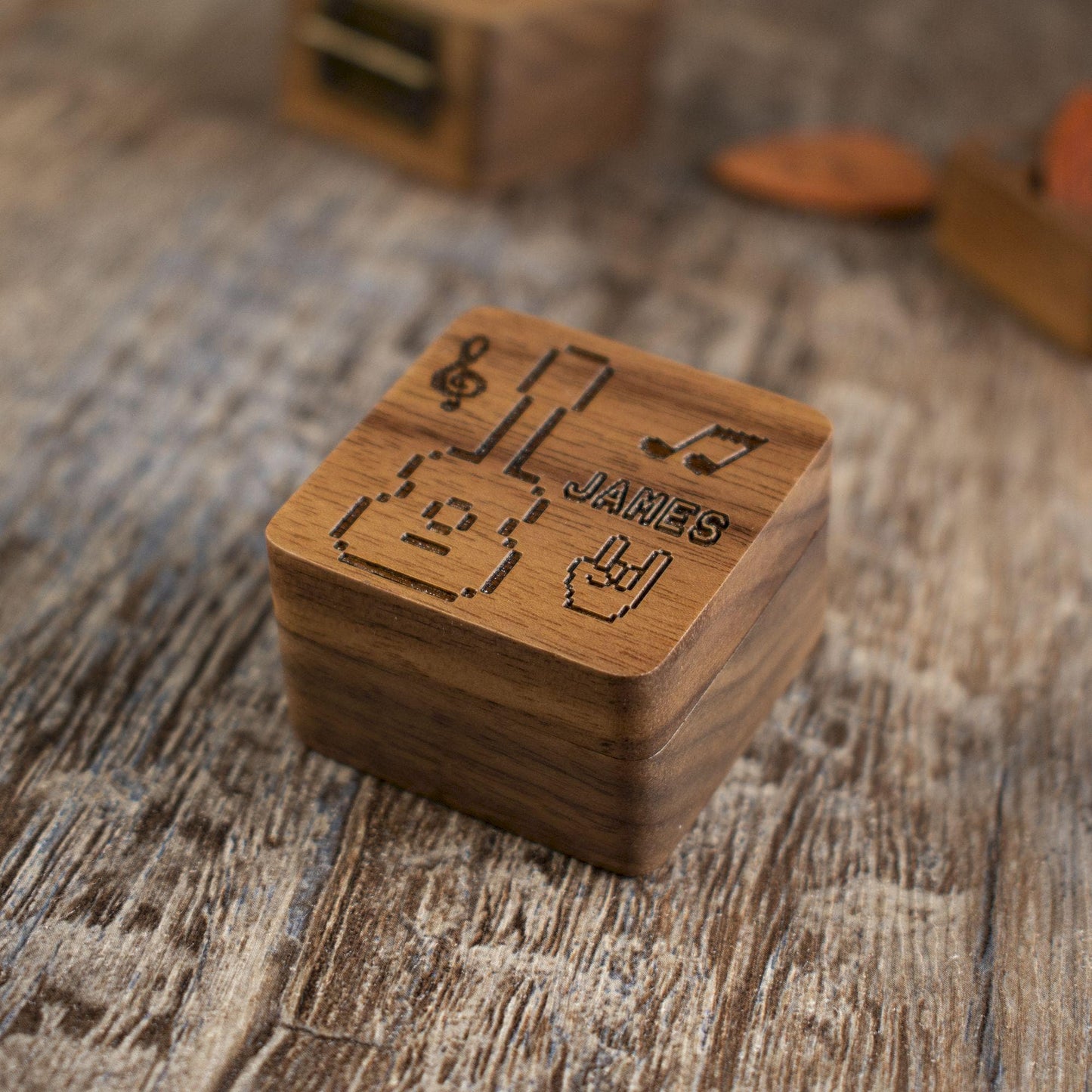 Personalized Pixel Art Guitar Pick Case: Engraved Walnut Wood Plectrum Box