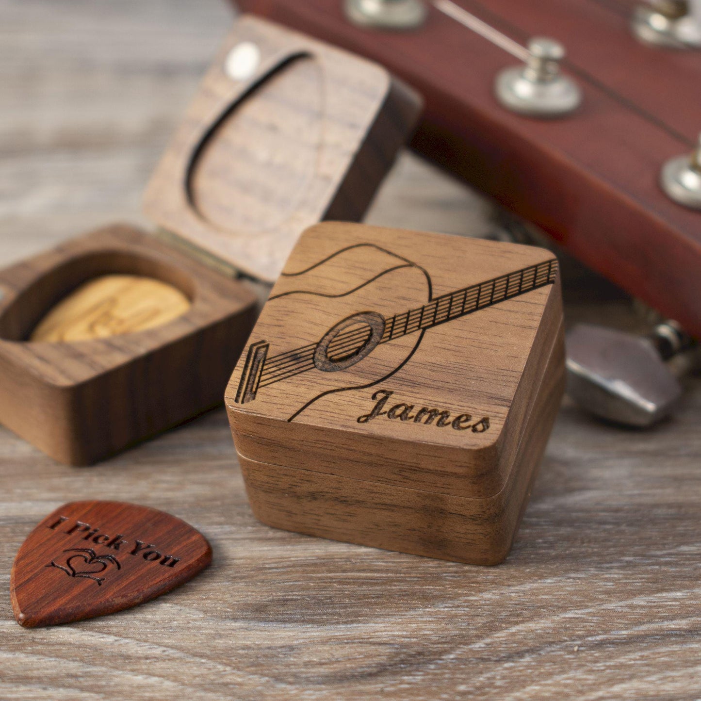 Personalized Walnut Guitar Pick Case: Engraved Plectrum Holder, Guitarist Gift
