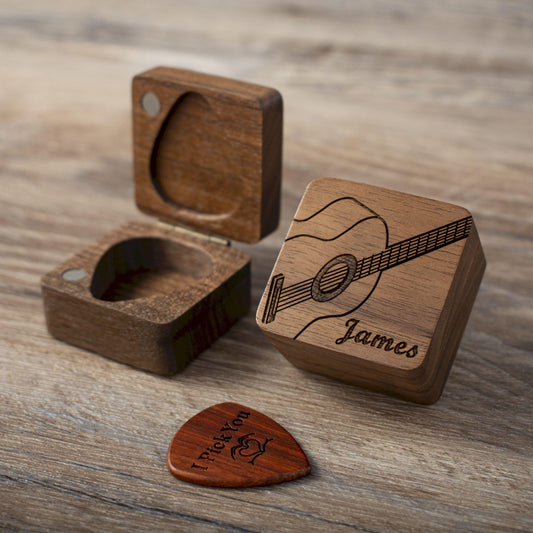 Personalized Walnut Guitar Pick Case: Engraved Plectrum Holder, Guitarist Gift