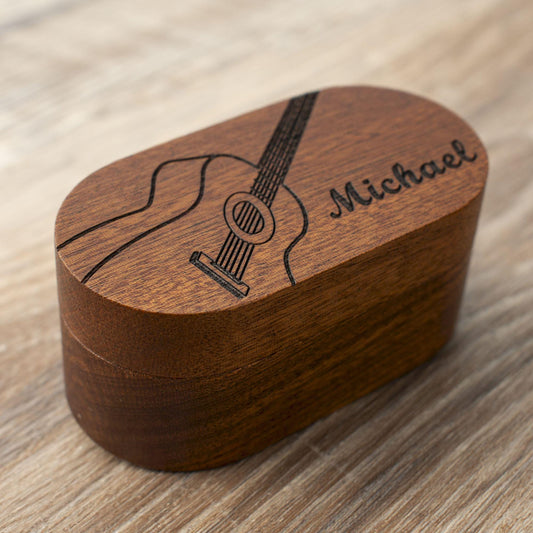 Personalized Walnut Guitar Pick Case: Engraved Plectrum Holder, Guitarist Gift