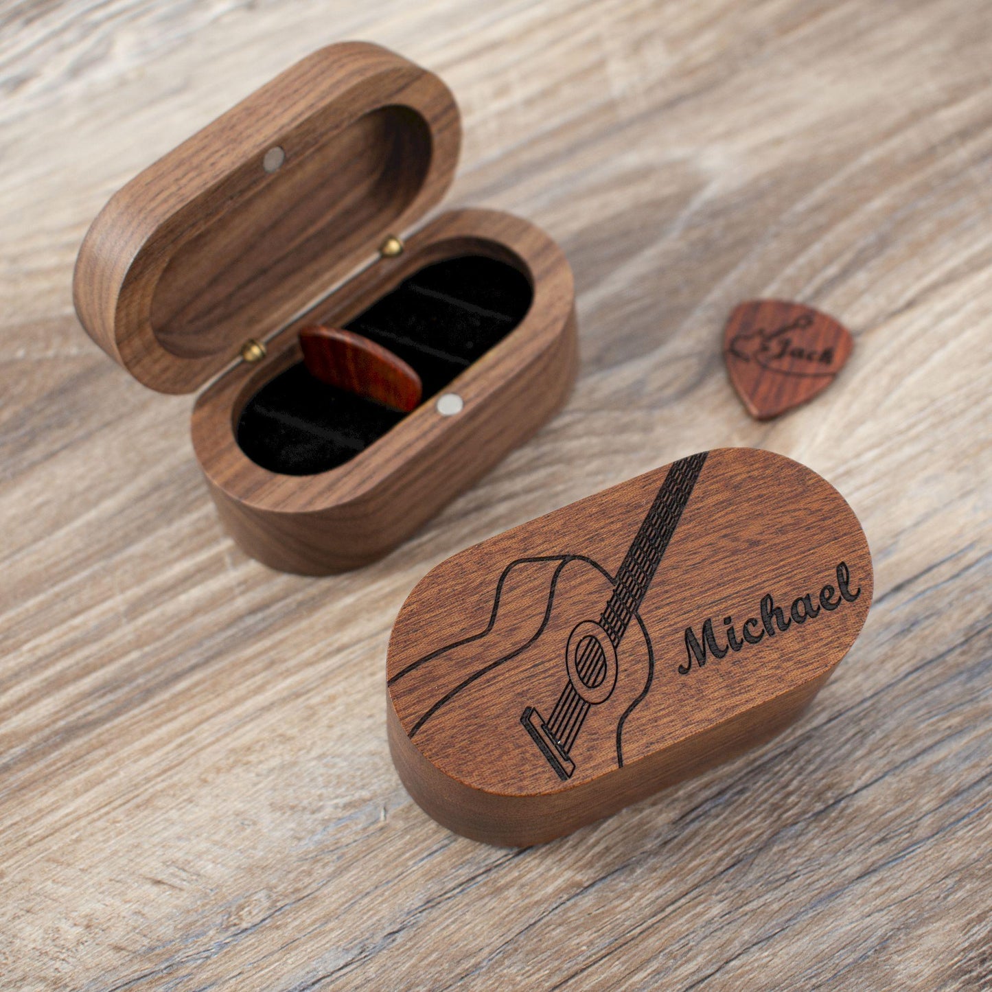 Personalized Walnut Guitar Pick Case: Engraved Plectrum Holder, Guitarist Gift