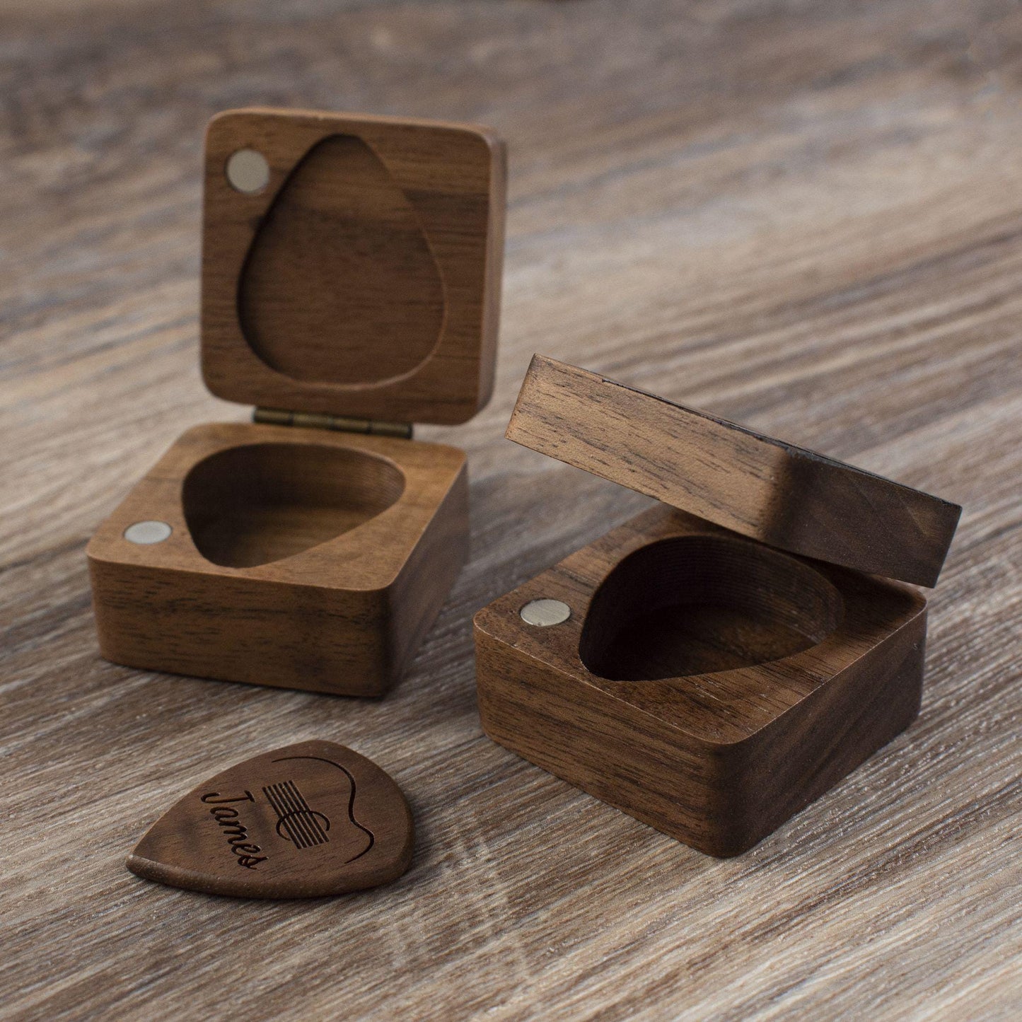 Personalized Guitar Pick Case: Engraved Walnut Wood, Unique Musician Gift