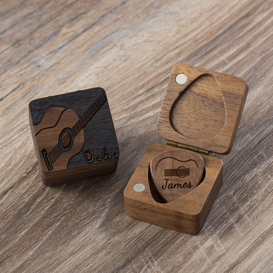 Personalized Guitar Pick Case: Engraved Walnut Wood, Unique Musician Gift