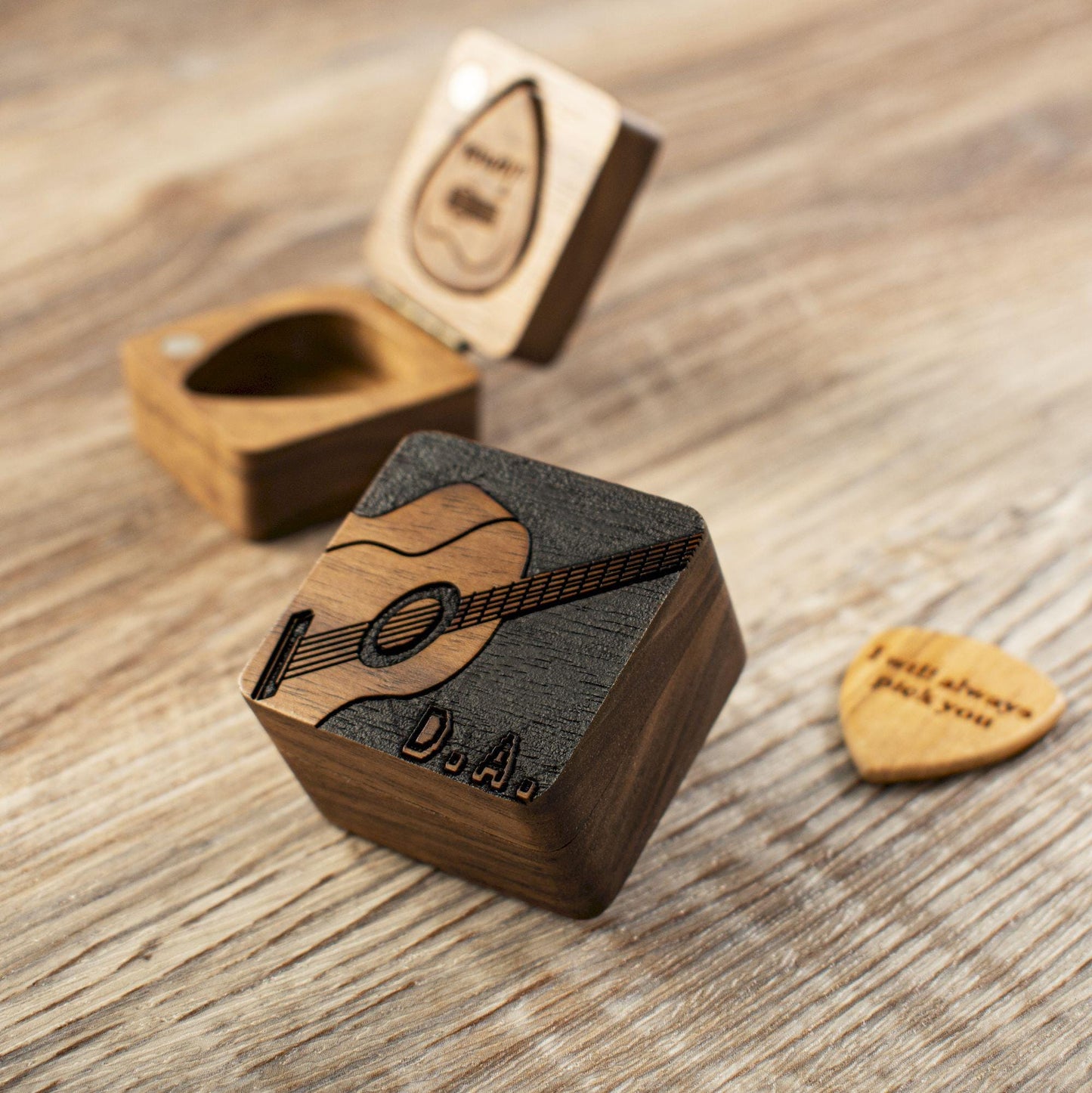 Personalized Wood 3D Guitar Pick Case, Custom Engraved Pick Box,  Christmas Gift for Guitarists