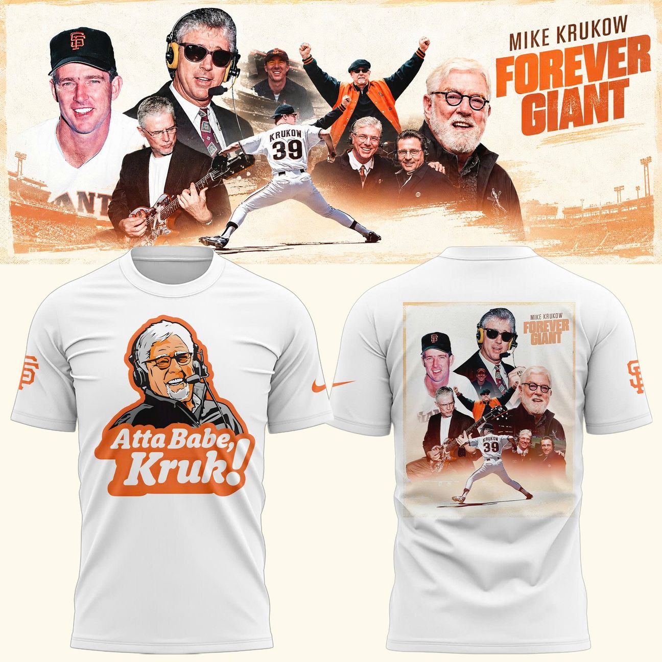 Mike Krukow "Atta Babe, Kruk!" Forever Giant Graphic White T-Shirt