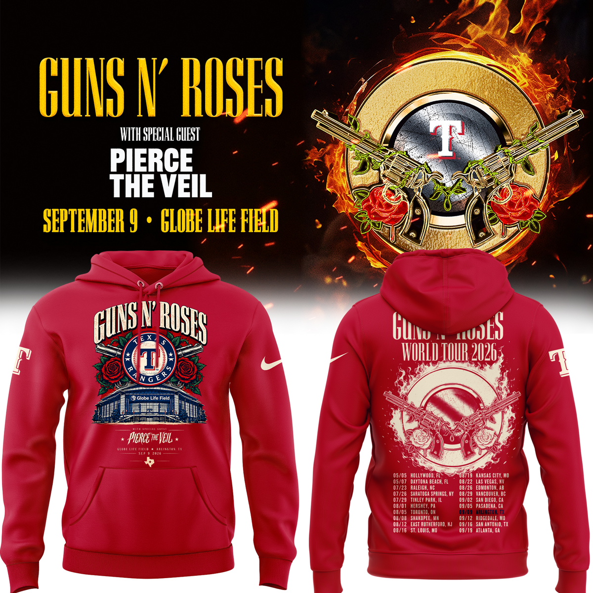 Guns N’ Roses x Texas Rangers Globe Life Field 2026 Tour Hoodie