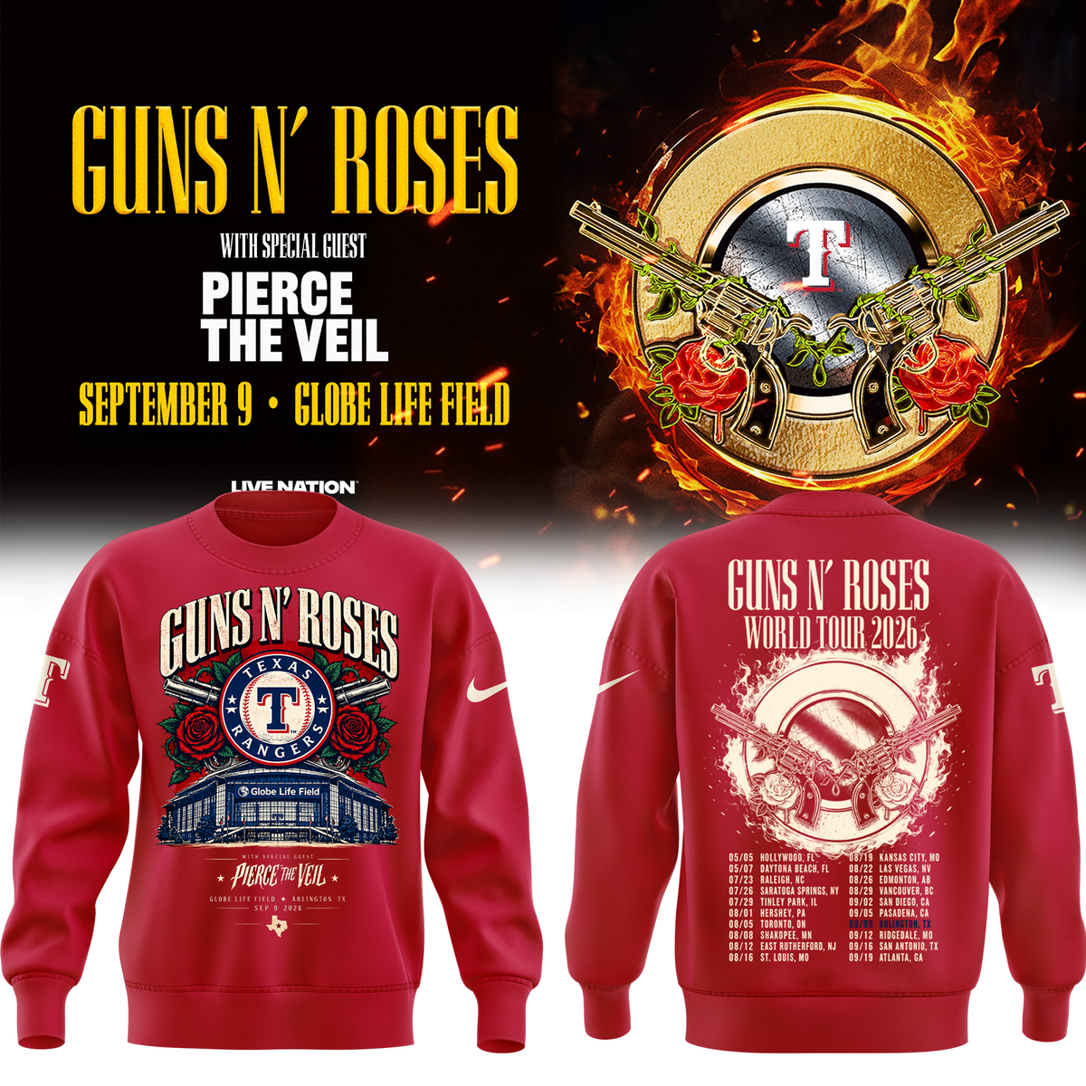 Guns N’ Roses x Texas Rangers Globe Life Field 2026 Tour Sweatshirt