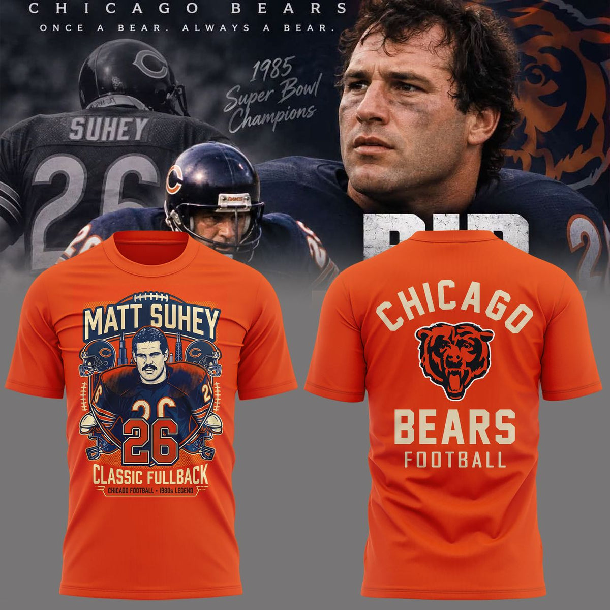 009. Orange Shirt Matt Suhey - Chicago Bears Always and Forever - Thank You For Your Memories T-Shirt