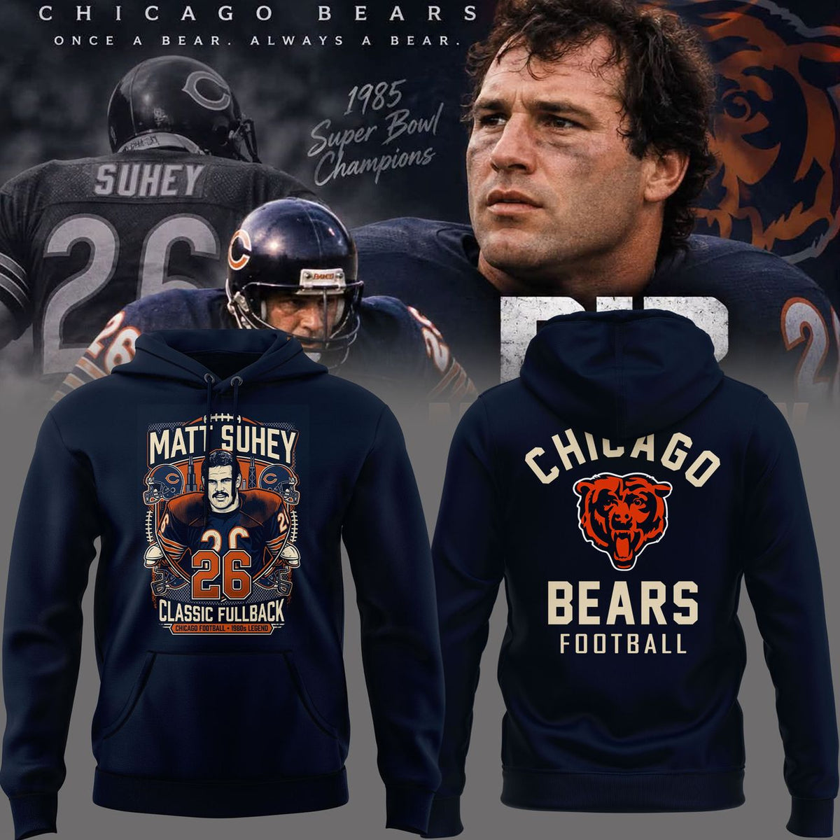 014. Navy Hoodie Matt Suhey - Chicago Bears Always and Forever - Thank You For Your Memories Hoodie