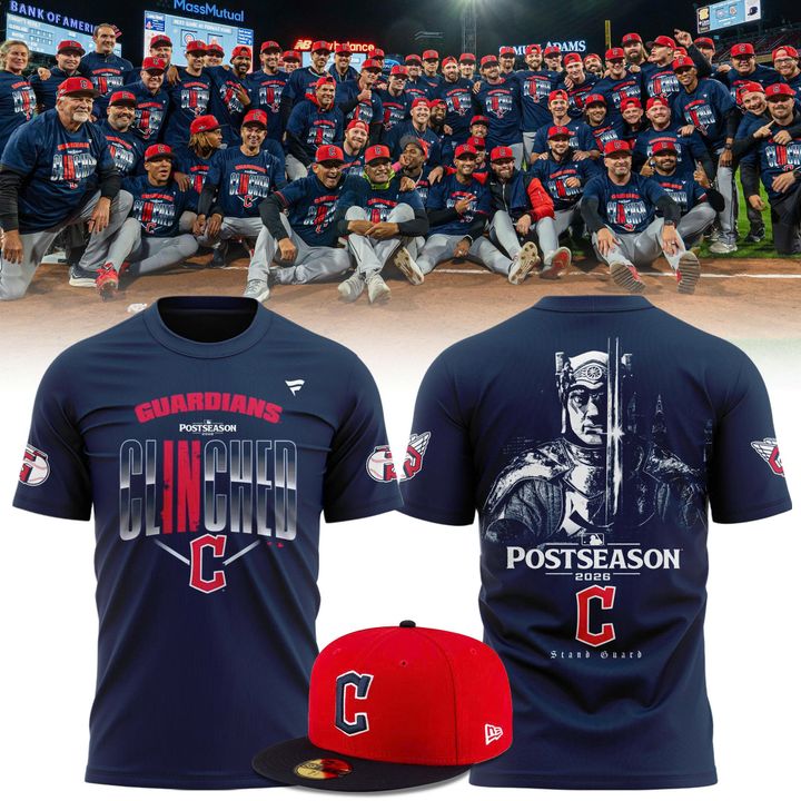 Women's Cleveland Guardians 2026 Postseason Clinched T-Shirt - Stand Guard MLB Playoffs Graphic Tee Navy with Sleeve Print