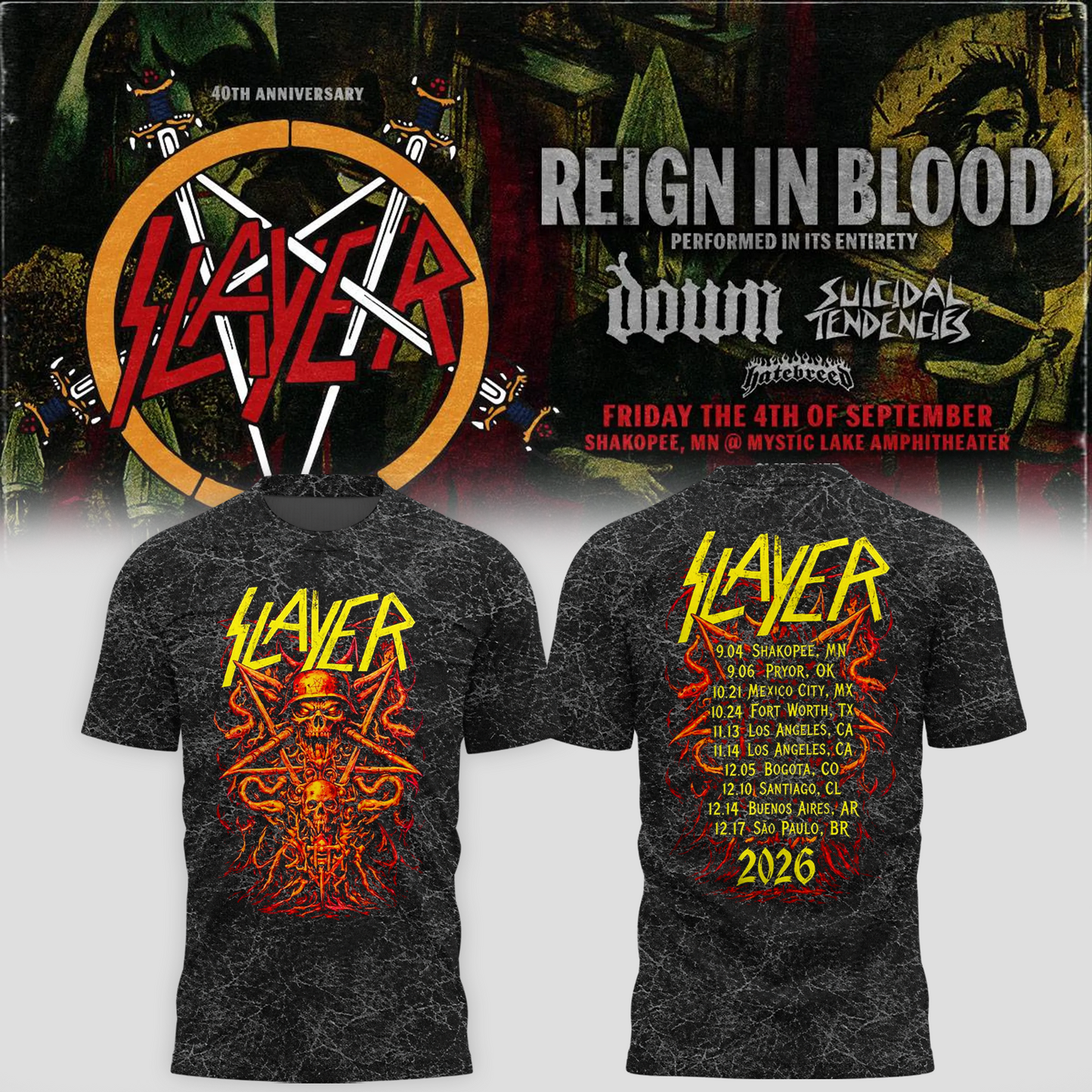 _Slayer_Shakopee MN 2026 Event Tee Reign In Blood 40 Anniversary Tour September 4 2026 Two Sided T-Shirt