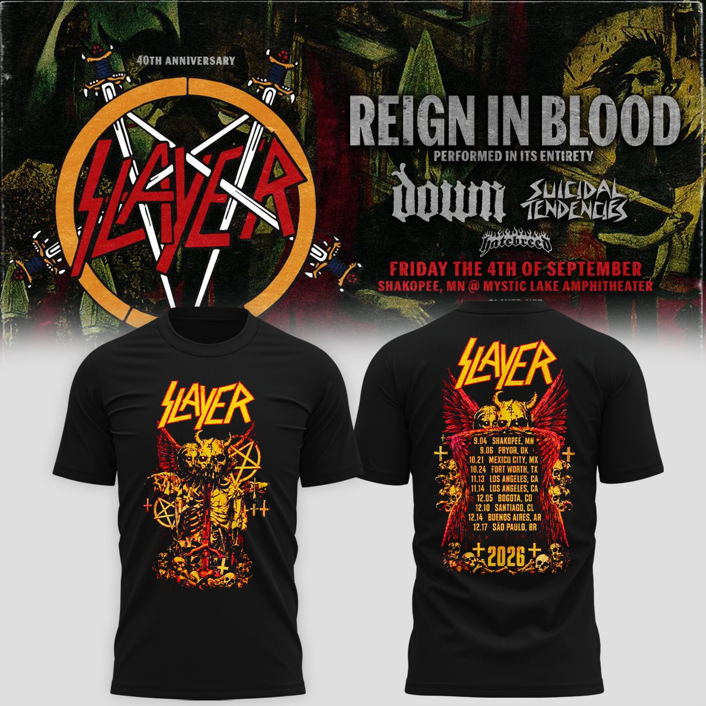 _Slayer_Shakopee MN 2026 Event Tee Reign In Blood 40 Anniversary Tour September 4 2026 Two Sided T-Shirt